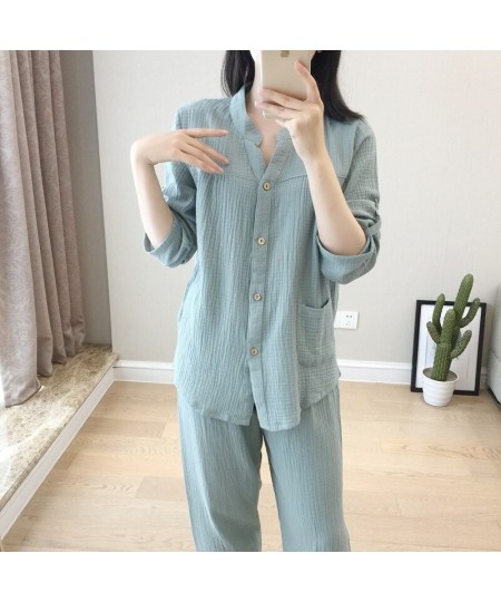 2022 Spring / Autumn Women's Pajamas Loose Long Sleeve Trouser Suits Thin Cotton Crepe Home Clothes Solid Sleepwear 2 Piece S...