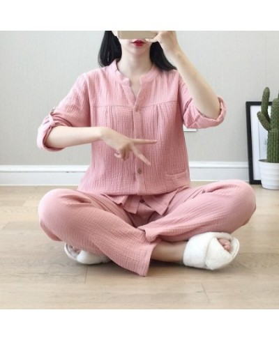 2022 Spring / Autumn Women's Pajamas Loose Long Sleeve Trouser Suits Thin Cotton Crepe Home Clothes Solid Sleepwear 2 Piece S...