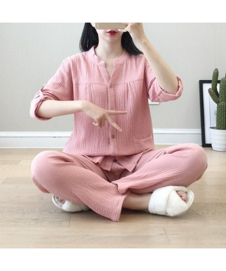 2022 Spring / Autumn Women's Pajamas Loose Long Sleeve Trouser Suits Thin Cotton Crepe Home Clothes Solid Sleepwear 2 Piece S...