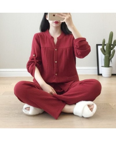 2022 Spring / Autumn Women's Pajamas Loose Long Sleeve Trouser Suits Thin Cotton Crepe Home Clothes Solid Sleepwear 2 Piece S...