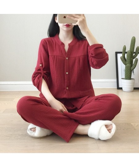 2022 Spring / Autumn Women's Pajamas Loose Long Sleeve Trouser Suits Thin Cotton Crepe Home Clothes Solid Sleepwear 2 Piece S...