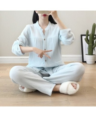 2022 Spring / Autumn Women's Pajamas Loose Long Sleeve Trouser Suits Thin Cotton Crepe Home Clothes Solid Sleepwear 2 Piece S...