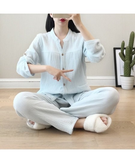 2022 Spring / Autumn Women's Pajamas Loose Long Sleeve Trouser Suits Thin Cotton Crepe Home Clothes Solid Sleepwear 2 Piece S...