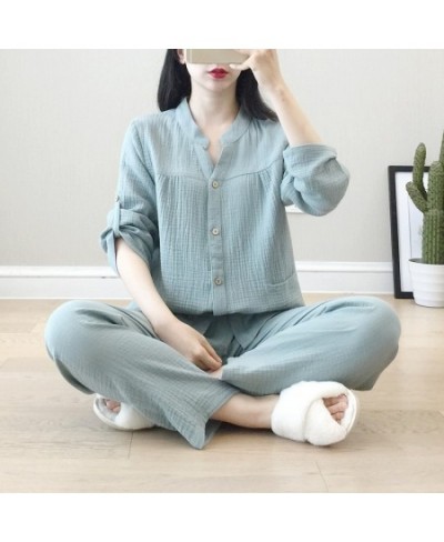 2022 Spring / Autumn Women's Pajamas Loose Long Sleeve Trouser Suits Thin Cotton Crepe Home Clothes Solid Sleepwear 2 Piece S...