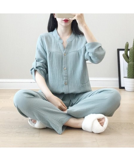 2022 Spring / Autumn Women's Pajamas Loose Long Sleeve Trouser Suits Thin Cotton Crepe Home Clothes Solid Sleepwear 2 Piece S...