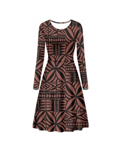 Latest Designs Polynesian Tribal Samoan Fijian Tapa Masi Print Casual Ladies Dress Long Sleeve O-neck Midi Island Hawaiian $4...