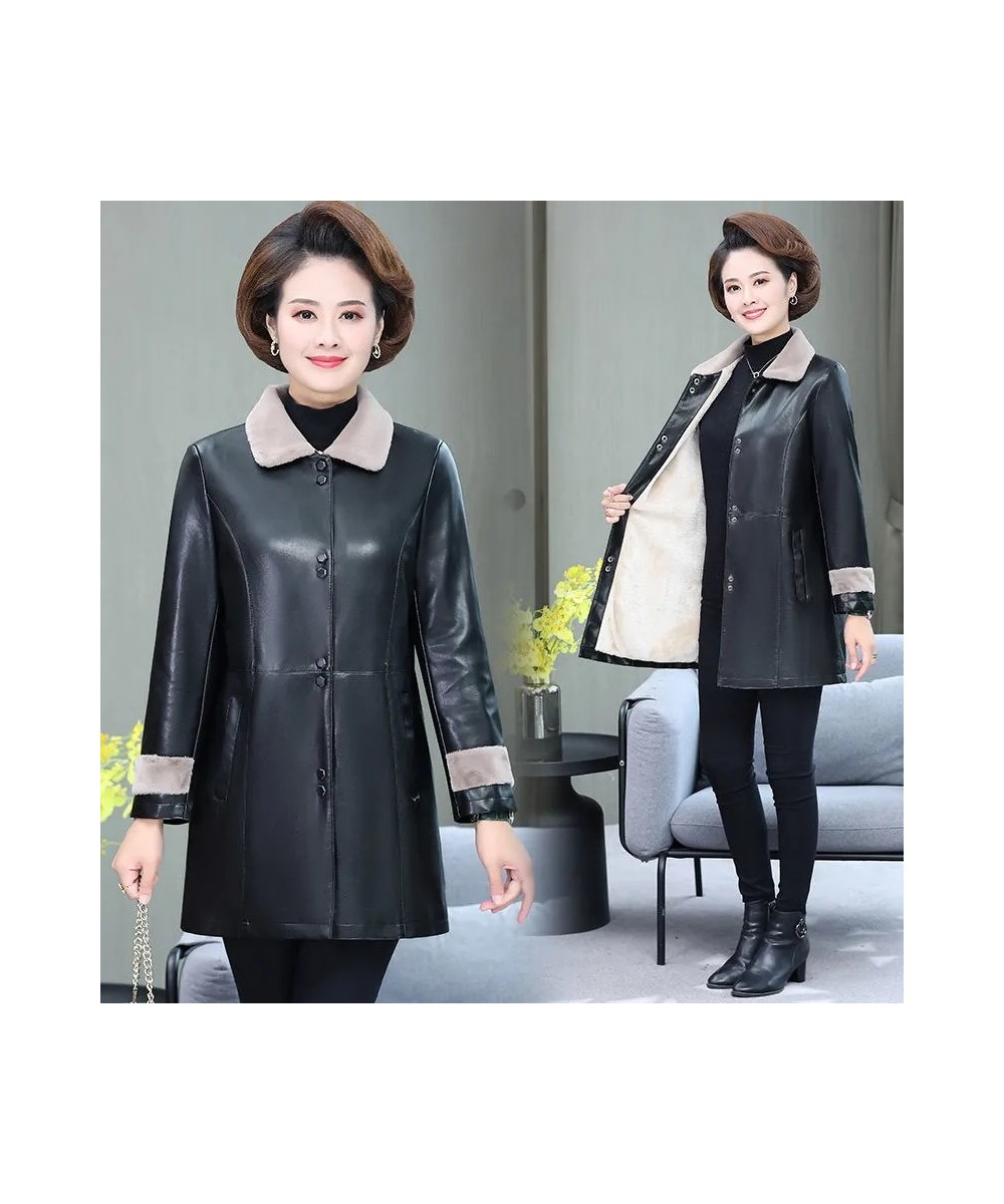 Autumn Winter Middle-aged Ederly Women's Leather Jacket Velvet Thicken Soft PU Leather Windbreaker Coat Long Overcoat 6XL $70...