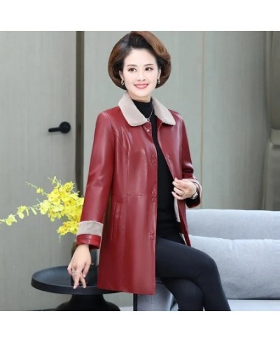 Autumn Winter Middle-aged Ederly Women's Leather Jacket Velvet Thicken Soft PU Leather Windbreaker Coat Long Overcoat 6XL $70...