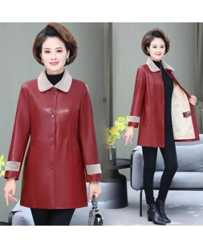 Autumn Winter Middle-aged Ederly Women's Leather Jacket Velvet Thicken Soft PU Leather Windbreaker Coat Long Overcoat 6XL $70...