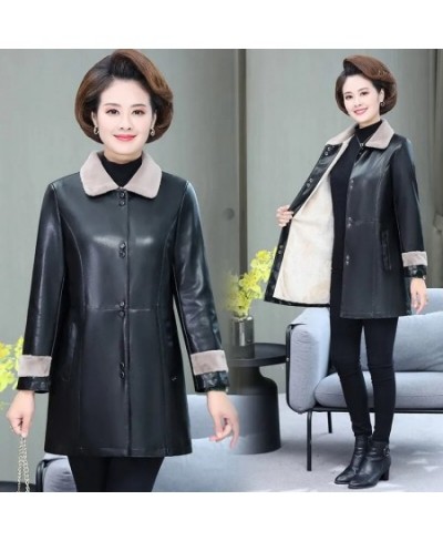 Autumn Winter Middle-aged Ederly Women's Leather Jacket Velvet Thicken Soft PU Leather Windbreaker Coat Long Overcoat 6XL $70...