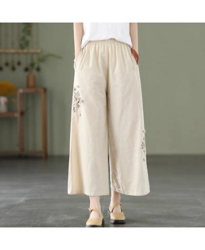 Wide Leg Pants Loose Elastic Waist Appliques Spliced Embroidery Vintage Solid Spring Summer Simple Straight Women's Clothing ...