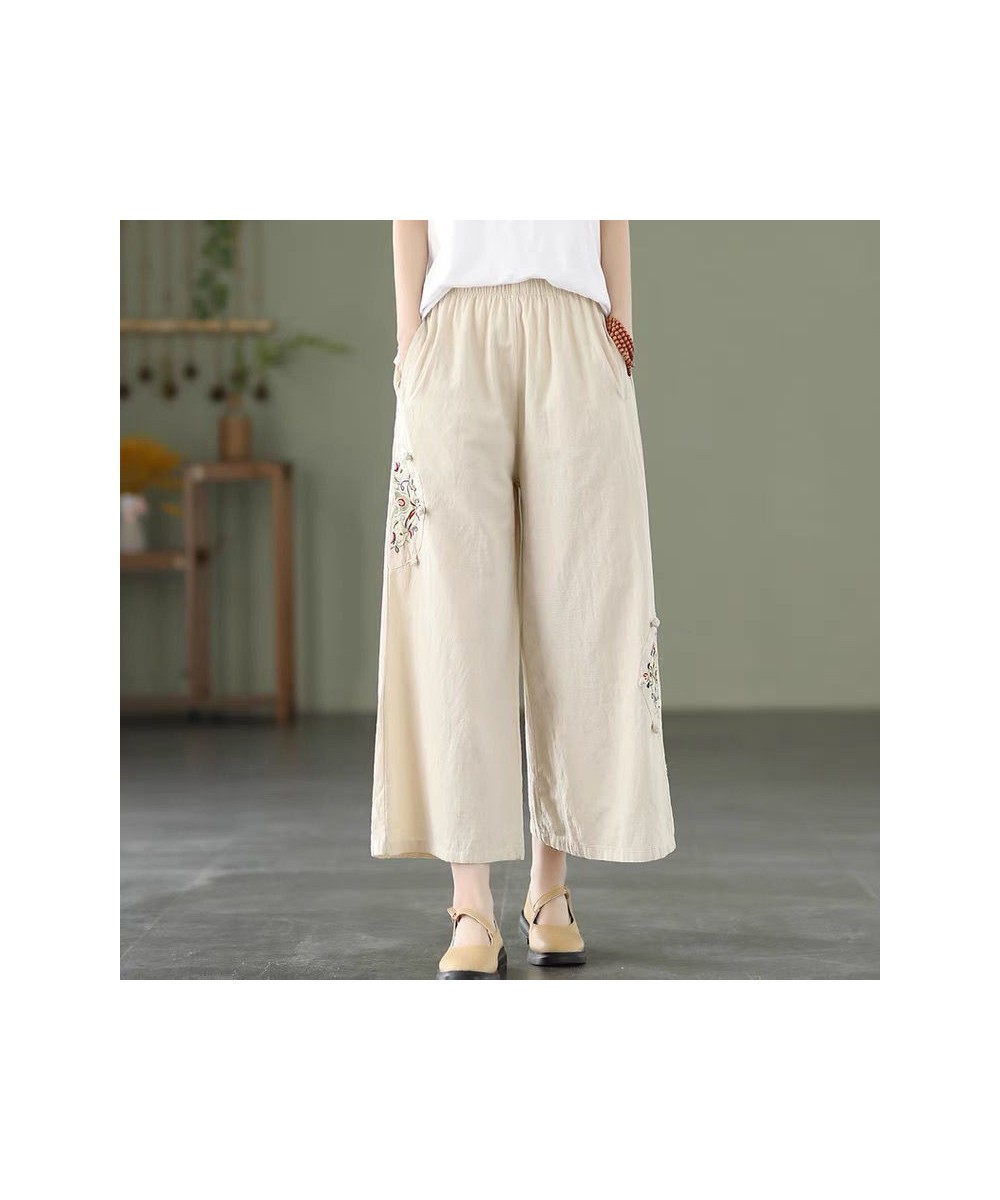 Wide Leg Pants Loose Elastic Waist Appliques Spliced Embroidery Vintage Solid Spring Summer Simple Straight Women's Clothing ...