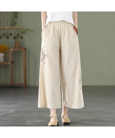 Wide Leg Pants Loose Elastic Waist Appliques Spliced Embroidery Vintage Solid Spring Summer Simple Straight Women's Clothing ...