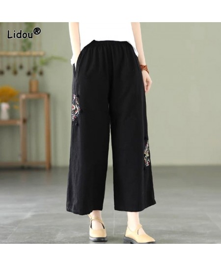 Wide Leg Pants Loose Elastic Waist Appliques Spliced Embroidery Vintage Solid Spring Summer Simple Straight Women's Clothing ...