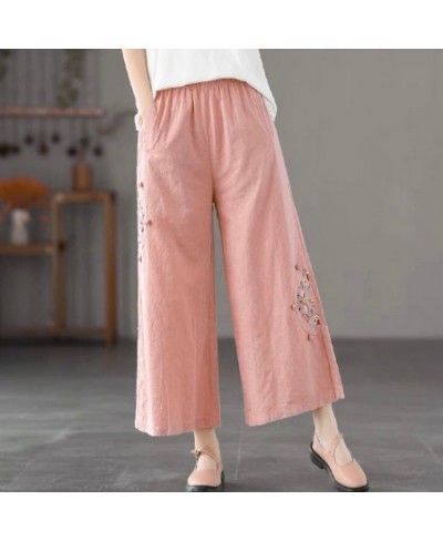 Wide Leg Pants Loose Elastic Waist Appliques Spliced Embroidery Vintage Solid Spring Summer Simple Straight Women's Clothing ...