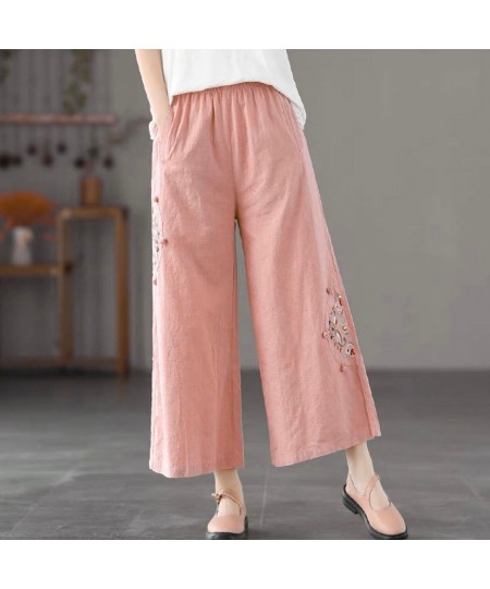 Wide Leg Pants Loose Elastic Waist Appliques Spliced Embroidery Vintage Solid Spring Summer Simple Straight Women's Clothing ...