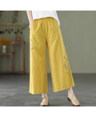 Wide Leg Pants Loose Elastic Waist Appliques Spliced Embroidery Vintage Solid Spring Summer Simple Straight Women's Clothing ...