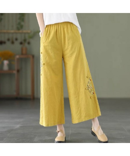 Wide Leg Pants Loose Elastic Waist Appliques Spliced Embroidery Vintage Solid Spring Summer Simple Straight Women's Clothing ...