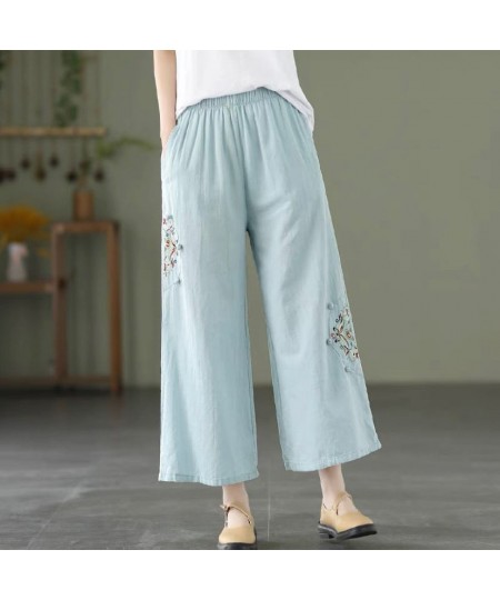 Wide Leg Pants Loose Elastic Waist Appliques Spliced Embroidery Vintage Solid Spring Summer Simple Straight Women's Clothing ...