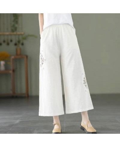 Wide Leg Pants Loose Elastic Waist Appliques Spliced Embroidery Vintage Solid Spring Summer Simple Straight Women's Clothing ...