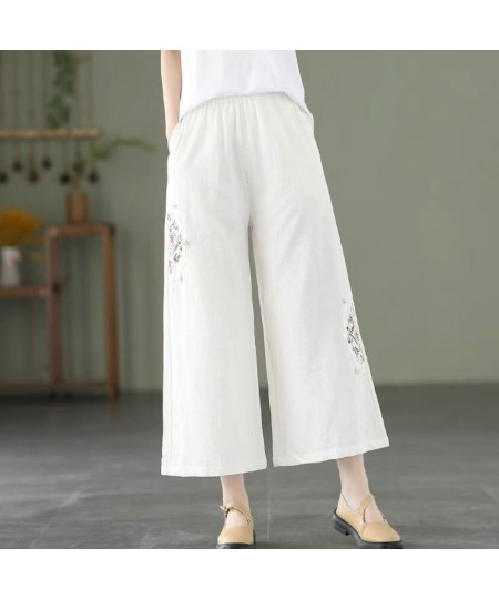 Wide Leg Pants Loose Elastic Waist Appliques Spliced Embroidery Vintage Solid Spring Summer Simple Straight Women's Clothing ...