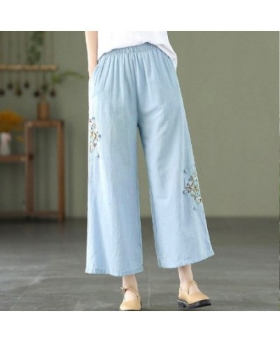 Wide Leg Pants Loose Elastic Waist Appliques Spliced Embroidery Vintage Solid Spring Summer Simple Straight Women's Clothing ...