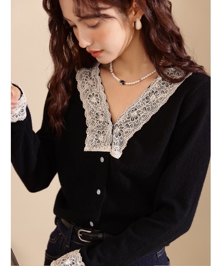 Women's Sweater Lace Vneck Patchwork Pullover 2022 Autumn Winter Korean Fashion Thicken Knitwears Female Tops MXB37Z1226 $67....