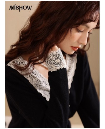 Women's Sweater Lace Vneck Patchwork Pullover 2022 Autumn Winter Korean Fashion Thicken Knitwears Female Tops MXB37Z1226 $67....