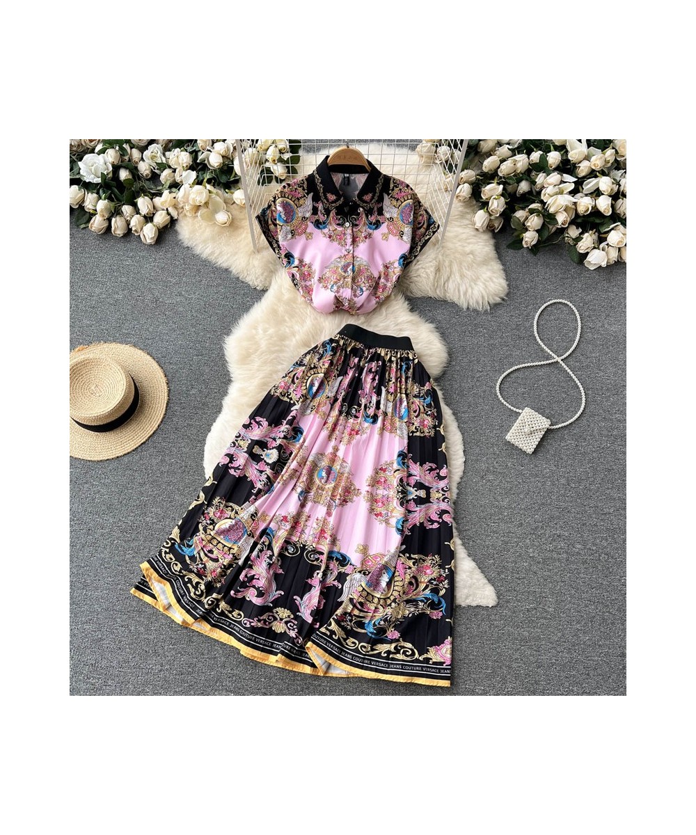 Summer Women's suit Luxury Print Lapel Collar Women Sexy Two-piece Dress Set T shirts Top & High Waist Long Skirt Sets vestid...