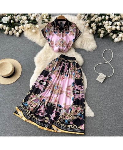 Summer Women's suit Luxury Print Lapel Collar Women Sexy Two-piece Dress Set T shirts Top & High Waist Long Skirt Sets vestid...