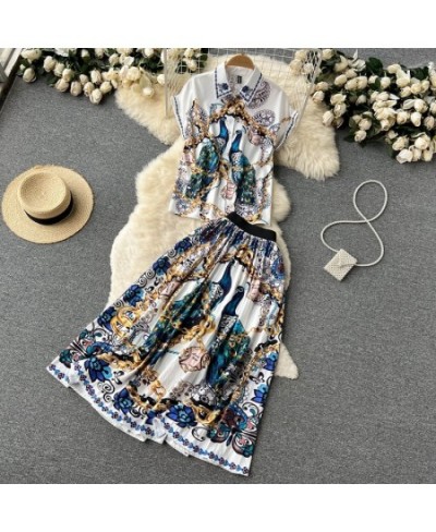 Summer Women's suit Luxury Print Lapel Collar Women Sexy Two-piece Dress Set T shirts Top & High Waist Long Skirt Sets vestid...