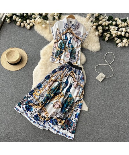 Summer Women's suit Luxury Print Lapel Collar Women Sexy Two-piece Dress Set T shirts Top & High Waist Long Skirt Sets vestid...