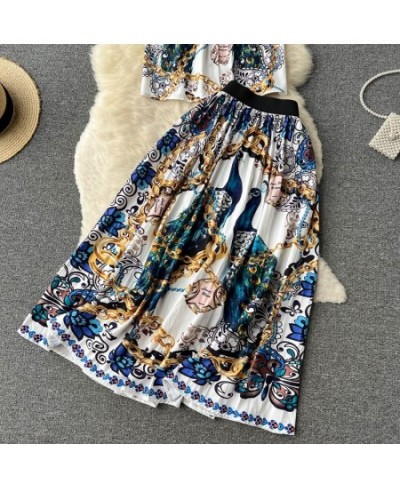 Summer Women's suit Luxury Print Lapel Collar Women Sexy Two-piece Dress Set T shirts Top & High Waist Long Skirt Sets vestid...