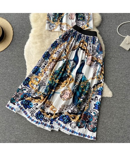 Summer Women's suit Luxury Print Lapel Collar Women Sexy Two-piece Dress Set T shirts Top & High Waist Long Skirt Sets vestid...