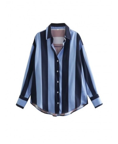 Summer Casual Satin Women Striped Shirt Long Sleeve Vintage V Neck Loose Blouse Oversize Female Top Y2K $32.79 - Women Tops