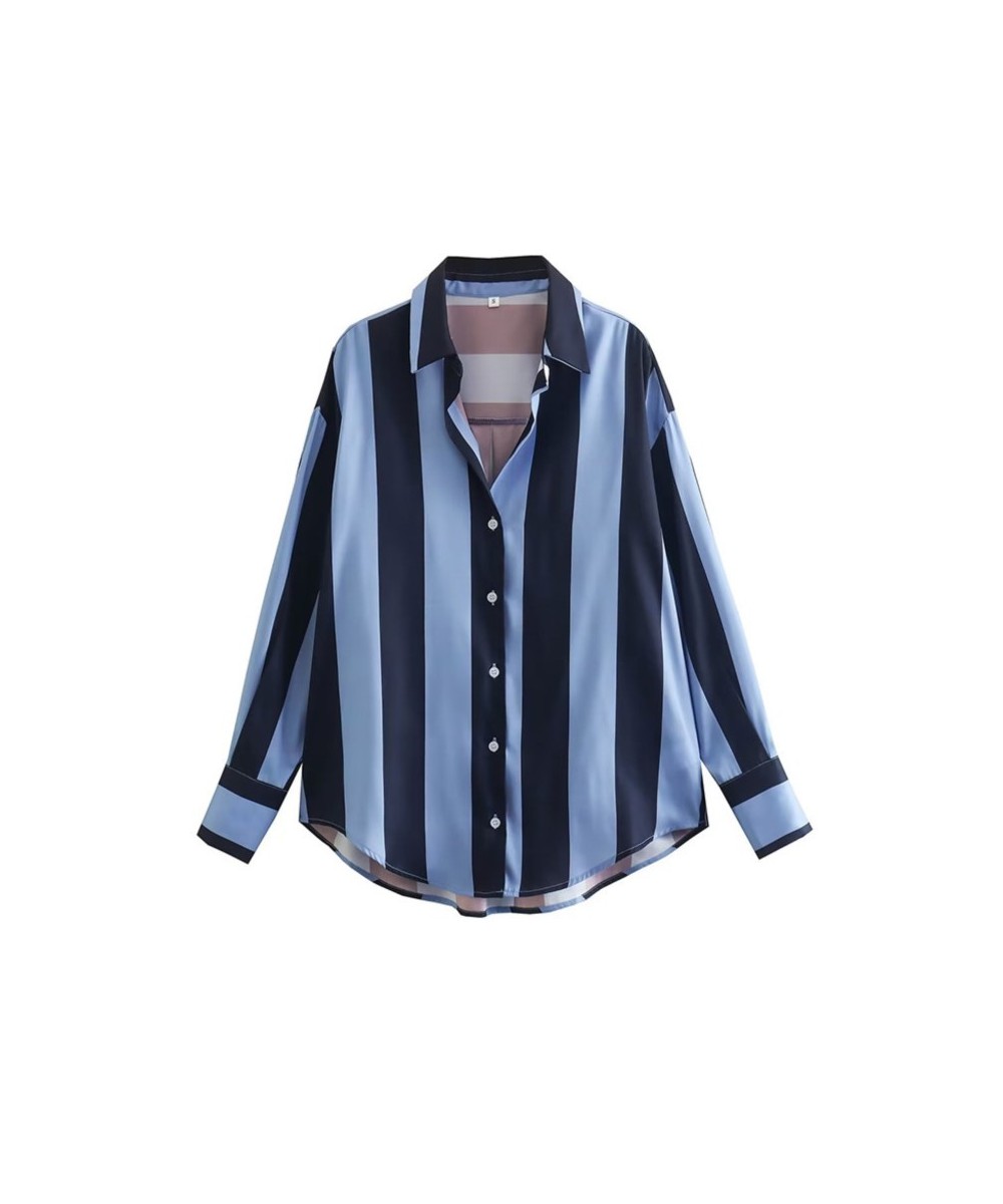 Summer Casual Satin Women Striped Shirt Long Sleeve Vintage V Neck Loose Blouse Oversize Female Top Y2K $32.79 - Women Tops