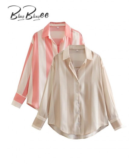 Summer Casual Satin Women Striped Shirt Long Sleeve Vintage V Neck Loose Blouse Oversize Female Top Y2K $32.79 - Women Tops