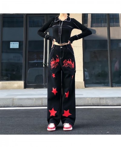 Streetwear Hippie Flame Stars Printing Jeans Women Loose Straight Wide Leg Denim Trousers Boyfriend Style Grunge Y2k Goth Pan...