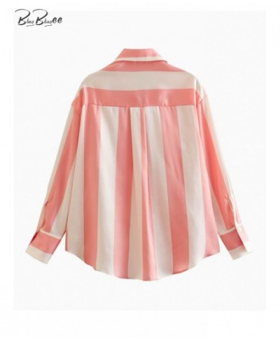 Summer Casual Satin Women Striped Shirt Long Sleeve Vintage V Neck Loose Blouse Oversize Female Top Y2K $32.79 - Women Tops