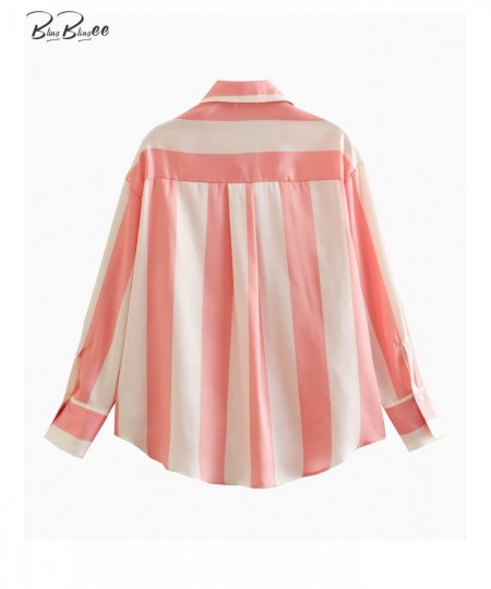 Summer Casual Satin Women Striped Shirt Long Sleeve Vintage V Neck Loose Blouse Oversize Female Top Y2K $32.79 - Women Tops