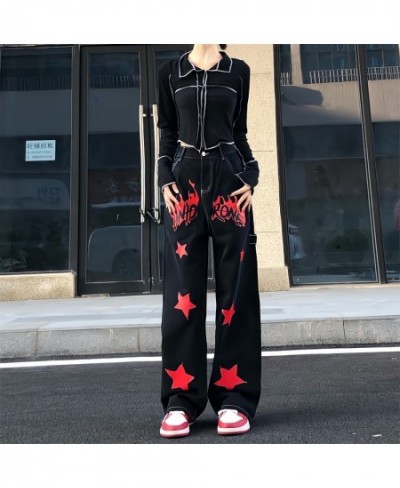 Streetwear Hippie Flame Stars Printing Jeans Women Loose Straight Wide Leg Denim Trousers Boyfriend Style Grunge Y2k Goth Pan...