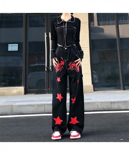 Streetwear Hippie Flame Stars Printing Jeans Women Loose Straight Wide Leg Denim Trousers Boyfriend Style Grunge Y2k Goth Pan...