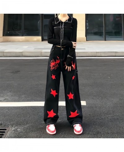 Streetwear Hippie Flame Stars Printing Jeans Women Loose Straight Wide Leg Denim Trousers Boyfriend Style Grunge Y2k Goth Pan...