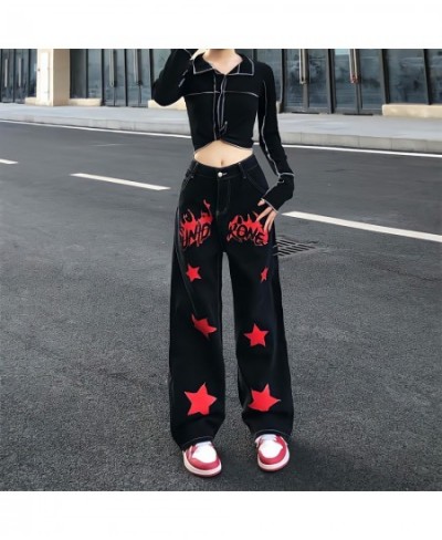 Streetwear Hippie Flame Stars Printing Jeans Women Loose Straight Wide Leg Denim Trousers Boyfriend Style Grunge Y2k Goth Pan...