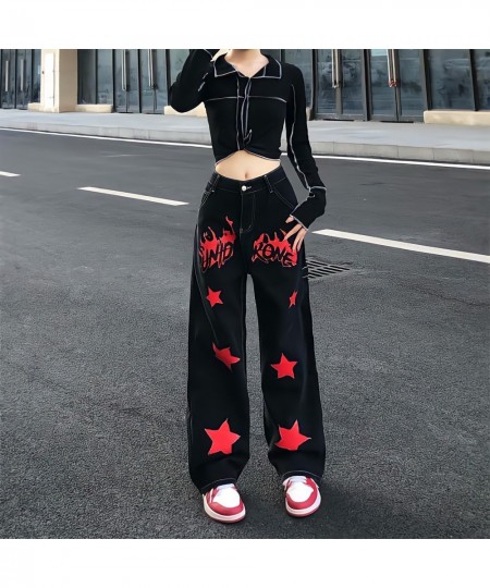 Streetwear Hippie Flame Stars Printing Jeans Women Loose Straight Wide Leg Denim Trousers Boyfriend Style Grunge Y2k Goth Pan...