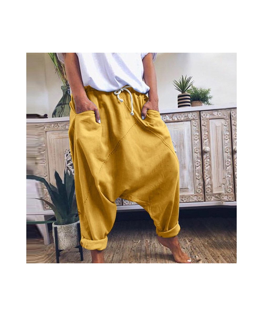 Women Harem Pants Trousers Boho Mid Waist Pants Women Solid Check Pants Baggy Wide Leg Casual Capris $35.31 - Pants & Capris