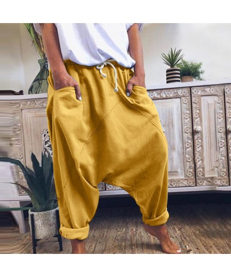 Women Harem Pants Trousers Boho Mid Waist Pants Women Solid Check Pants Baggy Wide Leg Casual Capris $35.31 - Pants & Capris