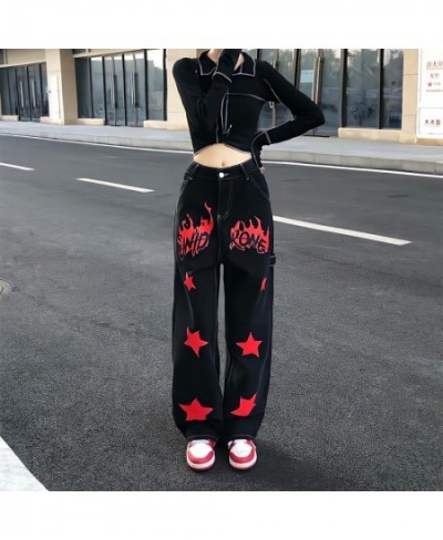 Streetwear Hippie Flame Stars Printing Jeans Women Loose Straight Wide Leg Denim Trousers Boyfriend Style Grunge Y2k Goth Pan...