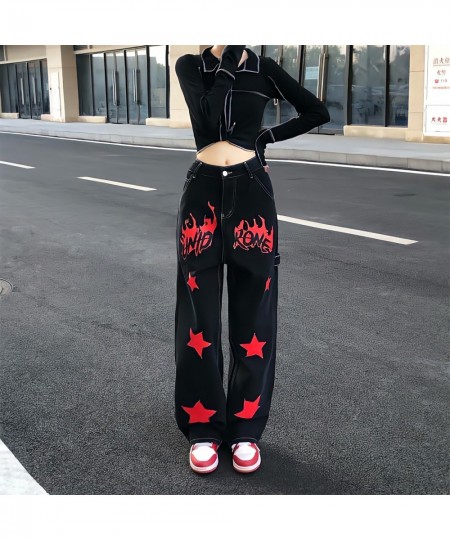 Streetwear Hippie Flame Stars Printing Jeans Women Loose Straight Wide Leg Denim Trousers Boyfriend Style Grunge Y2k Goth Pan...