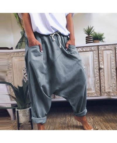 Women Harem Pants Trousers Boho Mid Waist Pants Women Solid Check Pants Baggy Wide Leg Casual Capris $35.31 - Pants & Capris